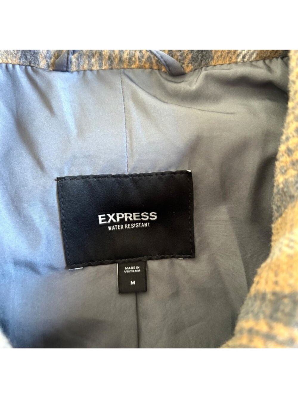 Express Men's Sz Medium Beige & Gray Plaid Bomber Jacket Water Resistant - Picture 4 of 9